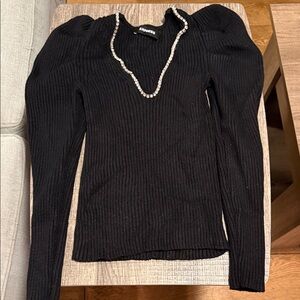 Express Black Ribbed Blouse with Beaded V-Neck